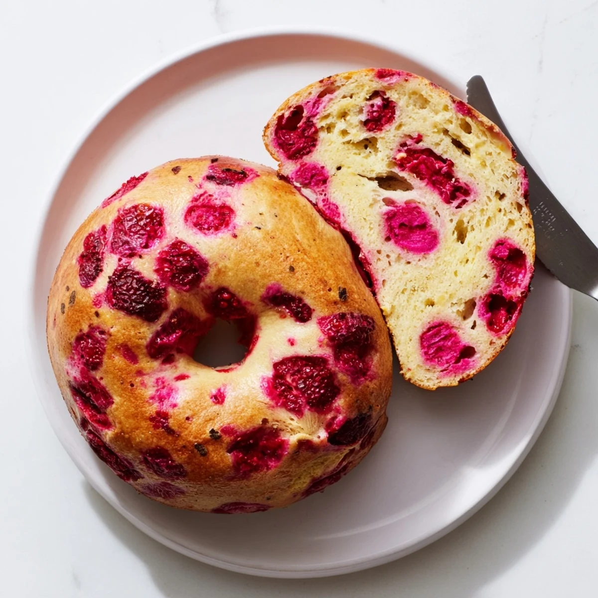 Golden brown raspberry sourdough bagels with visible fruit and chewy texture on wooden board