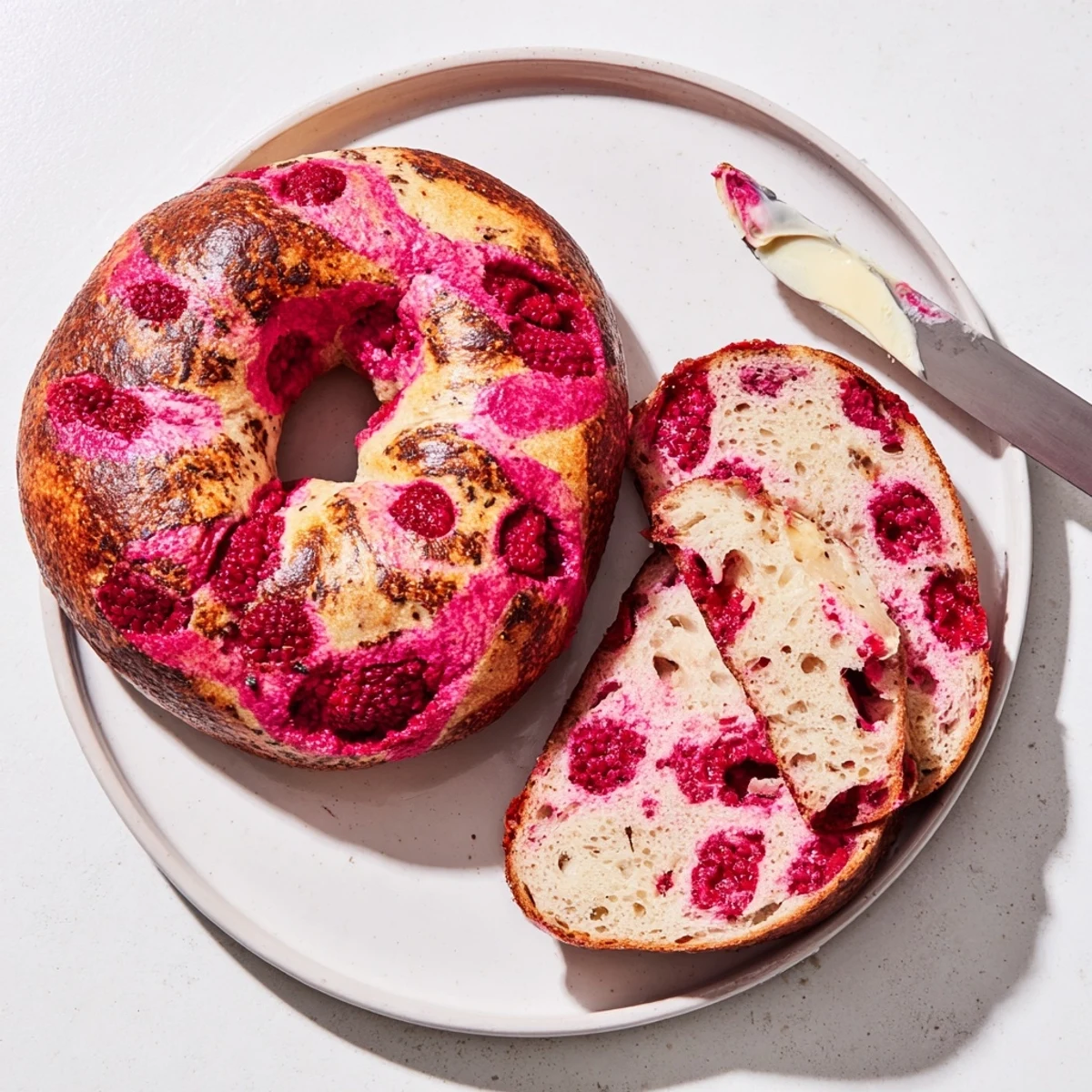 Fresh raspberries embedded in crusty sourdough bagels sprinkled with demerara sugar topping