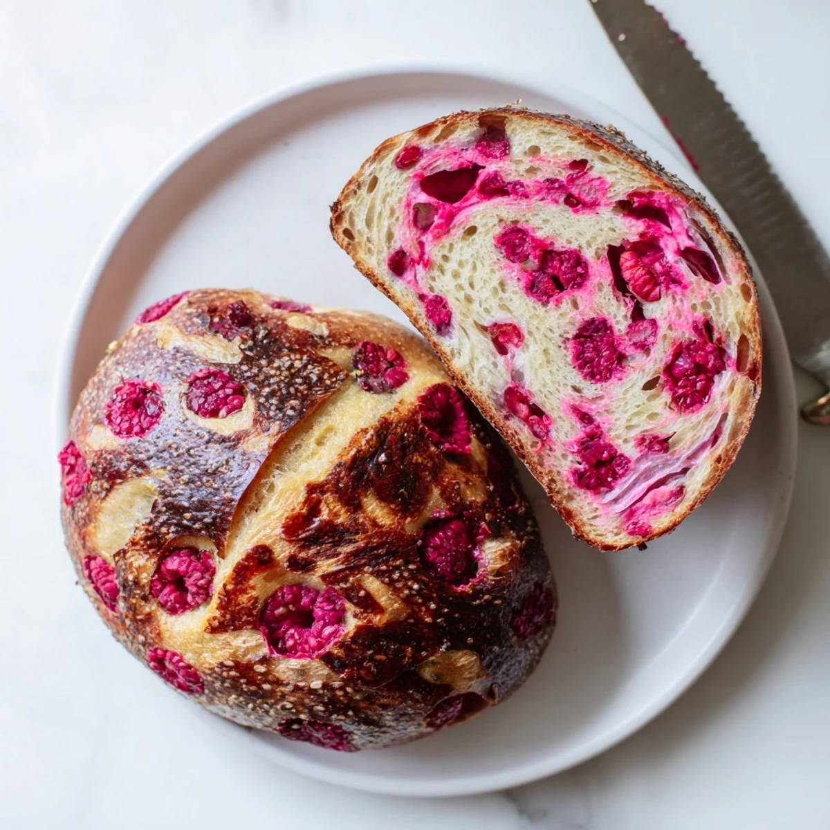 Close-up of homemade raspberry sourdough bagels showing pink fruit streaks and shiny boiled crust