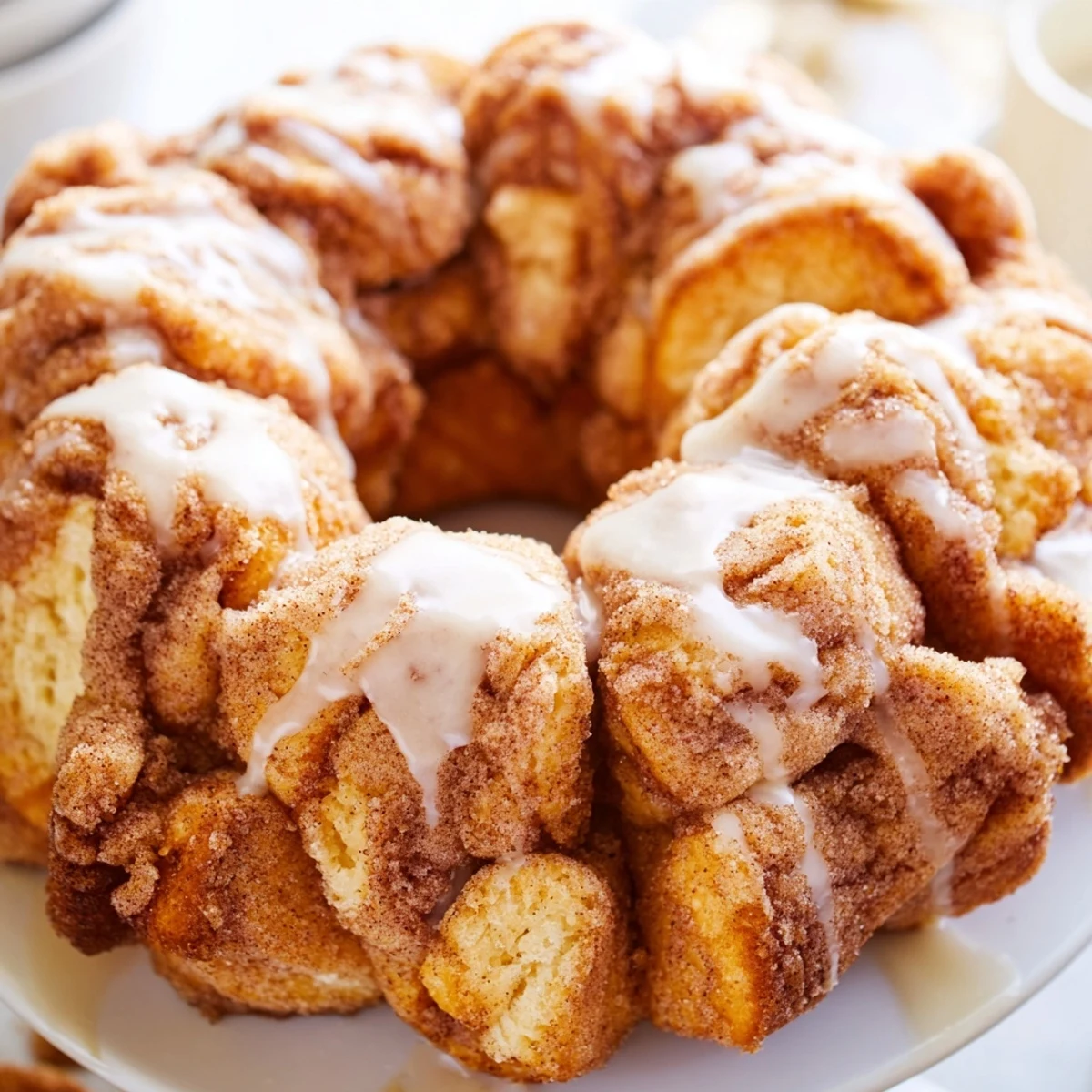 Golden high protein no sugar monkey bread with cinnamon coating in bundt pan