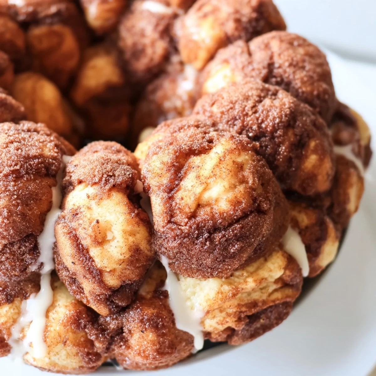Warm pull-apart high protein no sugar monkey bread drizzled with vanilla glaze