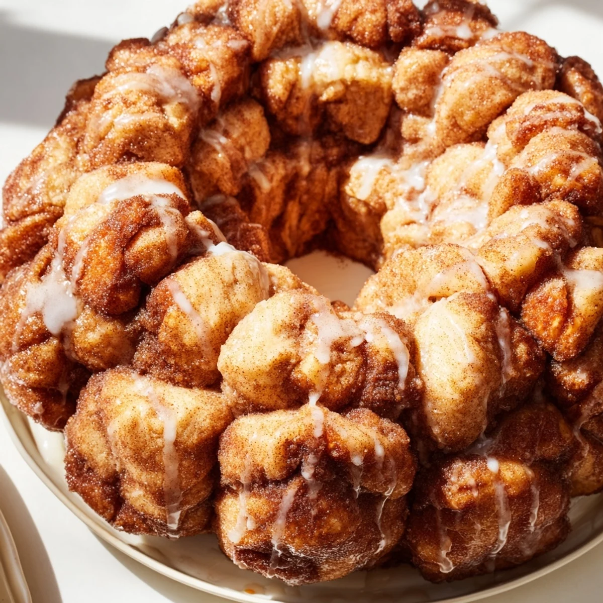Baked cinnamon sugar-free monkey bread balls stacked high for protein-rich dessert