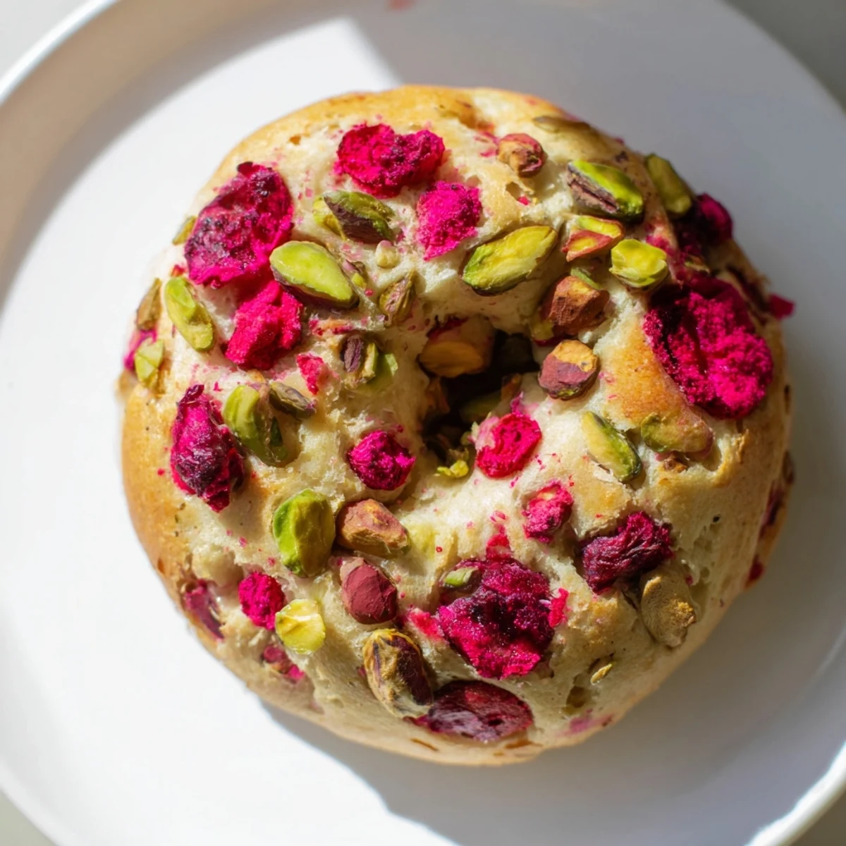 Freshly baked raspberry pistachio sourdough bagels topped with chopped nuts and colorful raspberry pieces