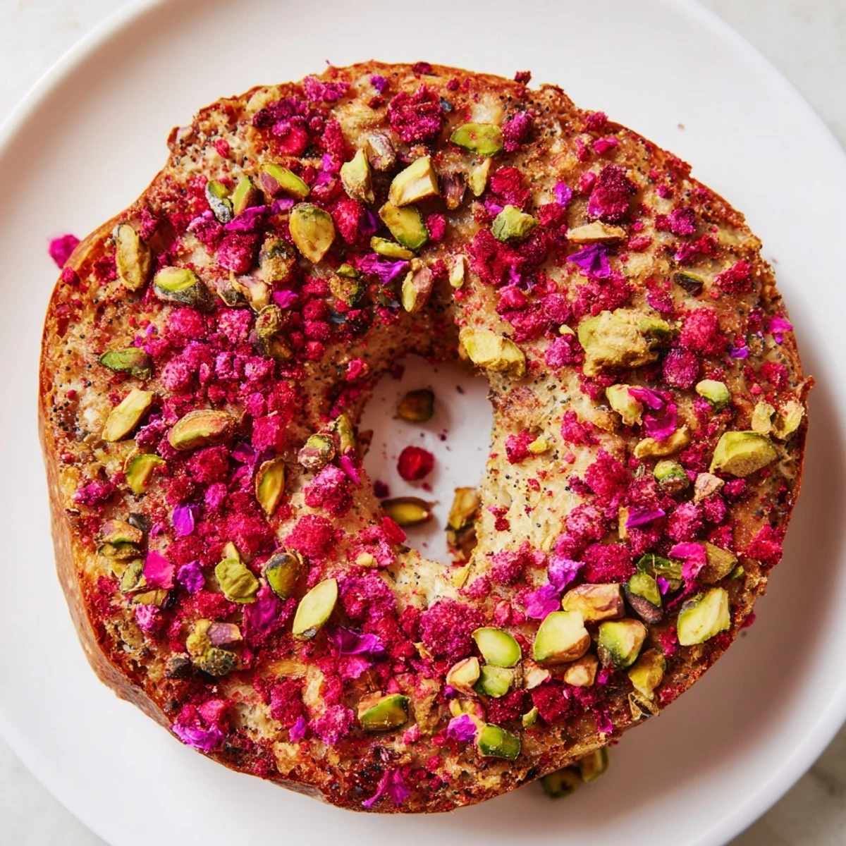 Golden brown sourdough bagels speckled with bright red raspberries and green crunchy pistachios