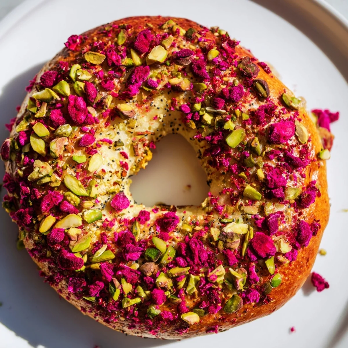 Homemade raspberry pistachio sourdough bagels served on a wire rack after baking to golden perfection
