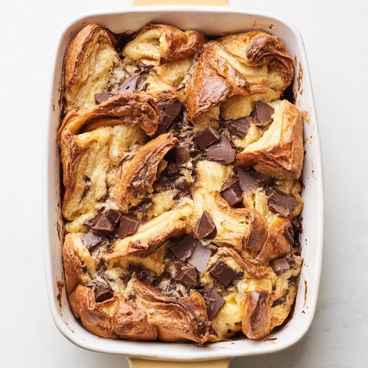 Golden chocolate croissant breakfast bake with melted chocolate chips and golden brown custard