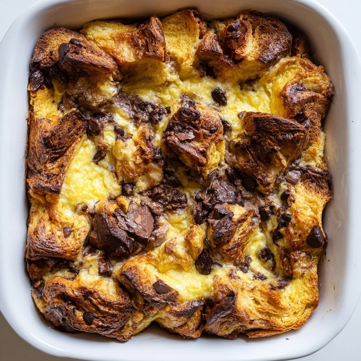 Buttery croissant pieces soaked in vanilla custard with semi-sweet chocolate chunks baked until golden