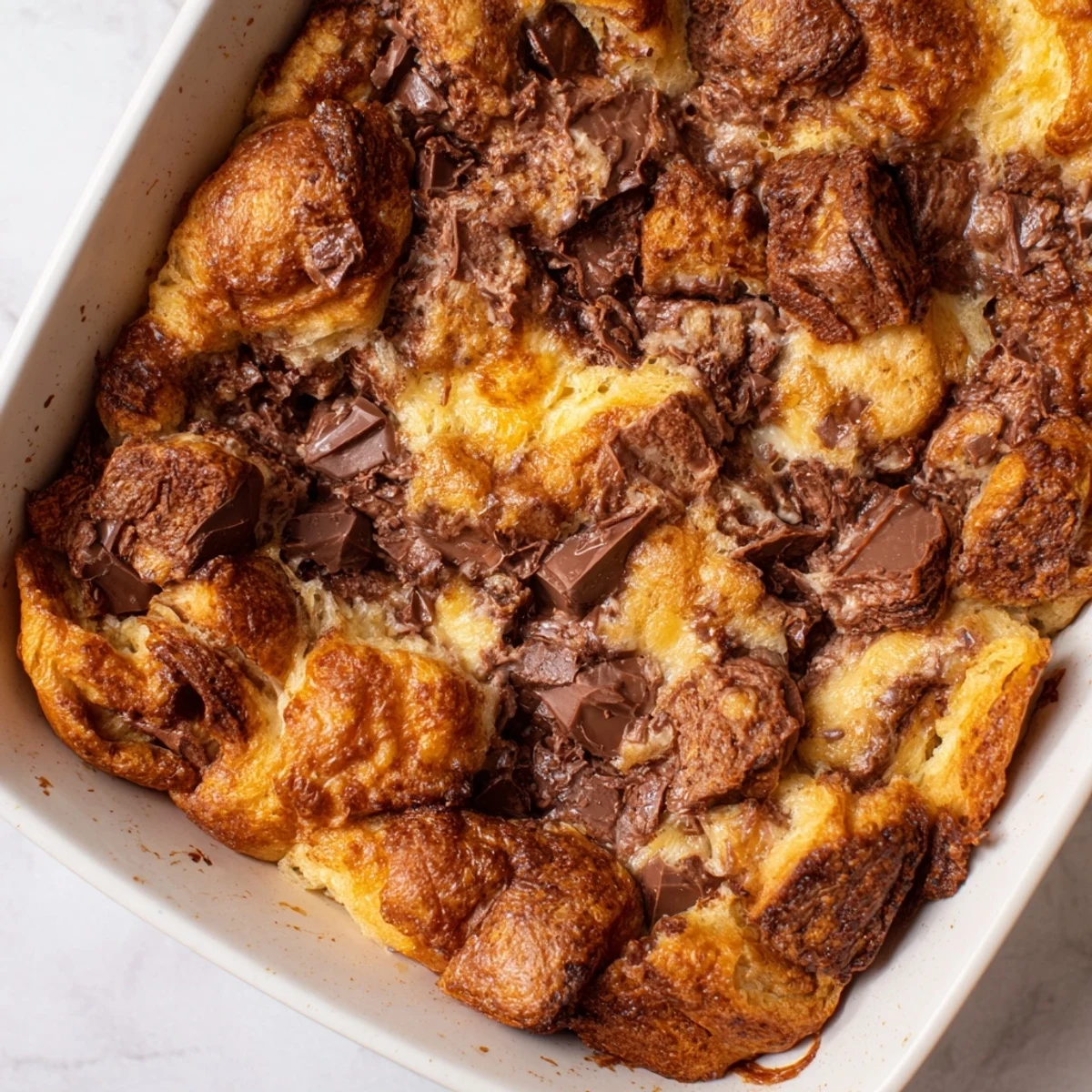 Warm chocolate croissant breakfast bake dusted with powdered sugar and fresh berries on top