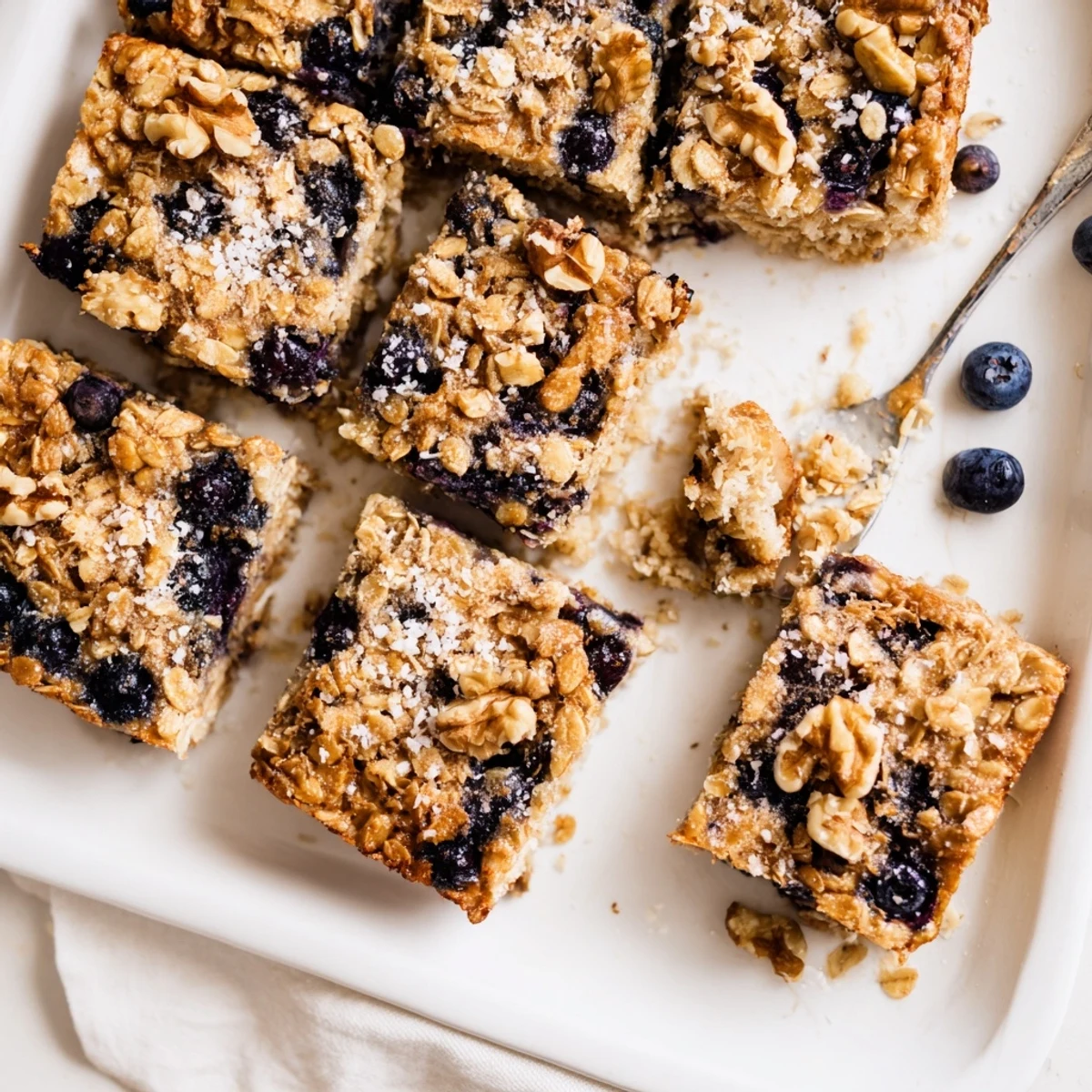 Golden baked Lemon Blueberry Baked Oatmeal topped with fresh blueberries in a white square dish