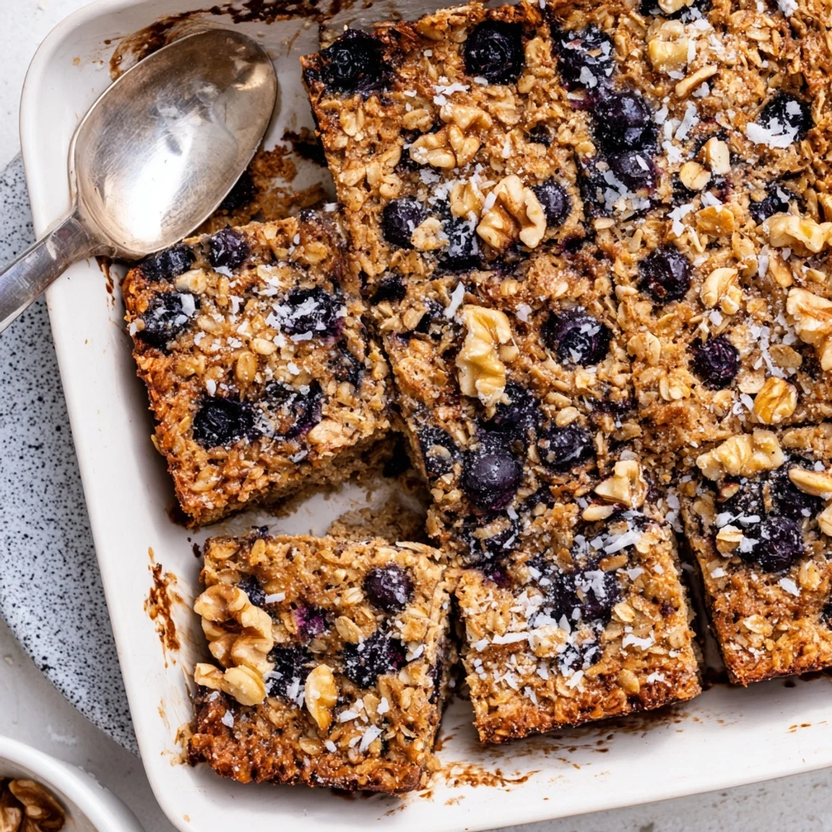 Sliced Lemon Blueberry Baked Oatmeal square revealing tender oats and bursts of blueberry filling