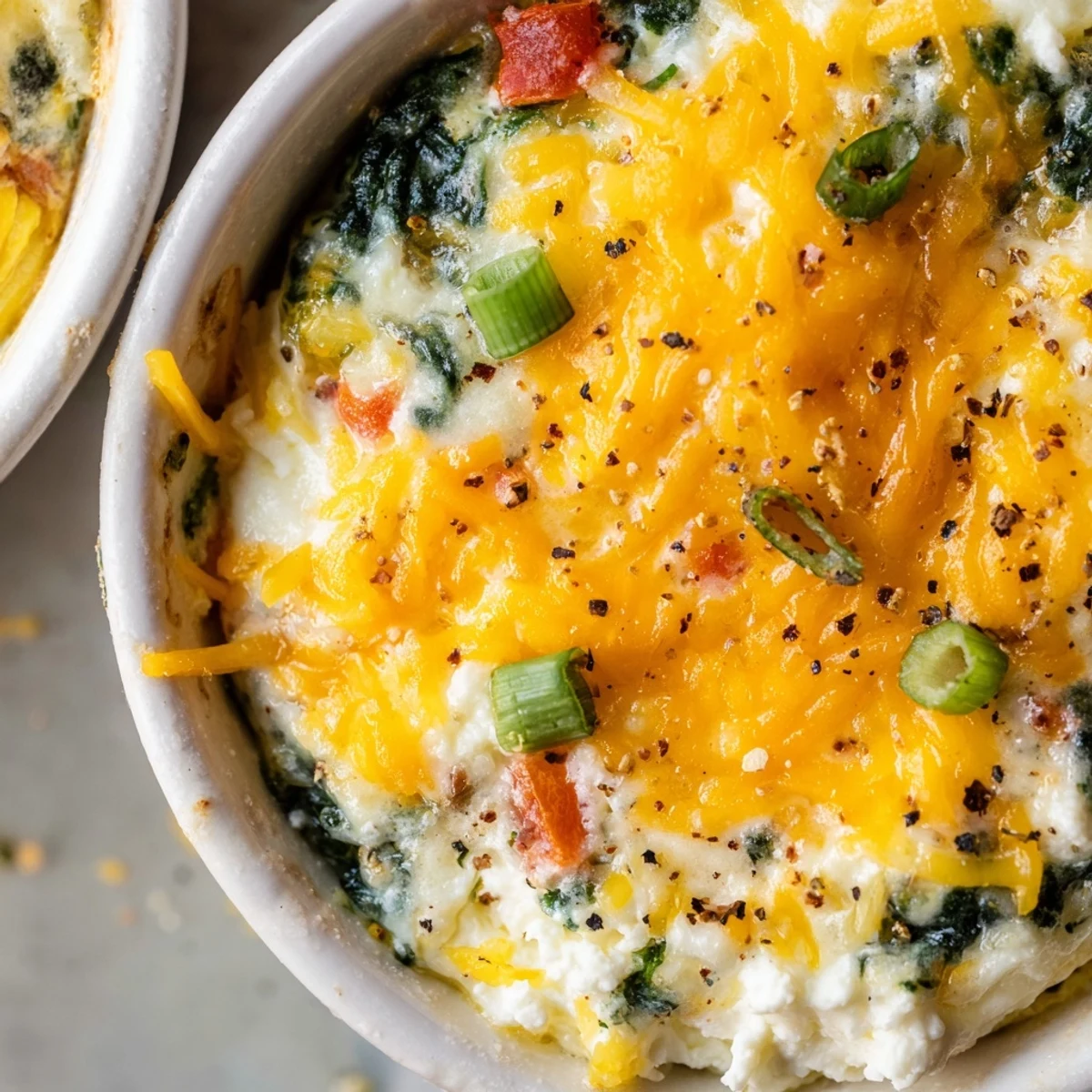 Golden baked cottage cheese eggs with melted cheese topping in individual ramekins
