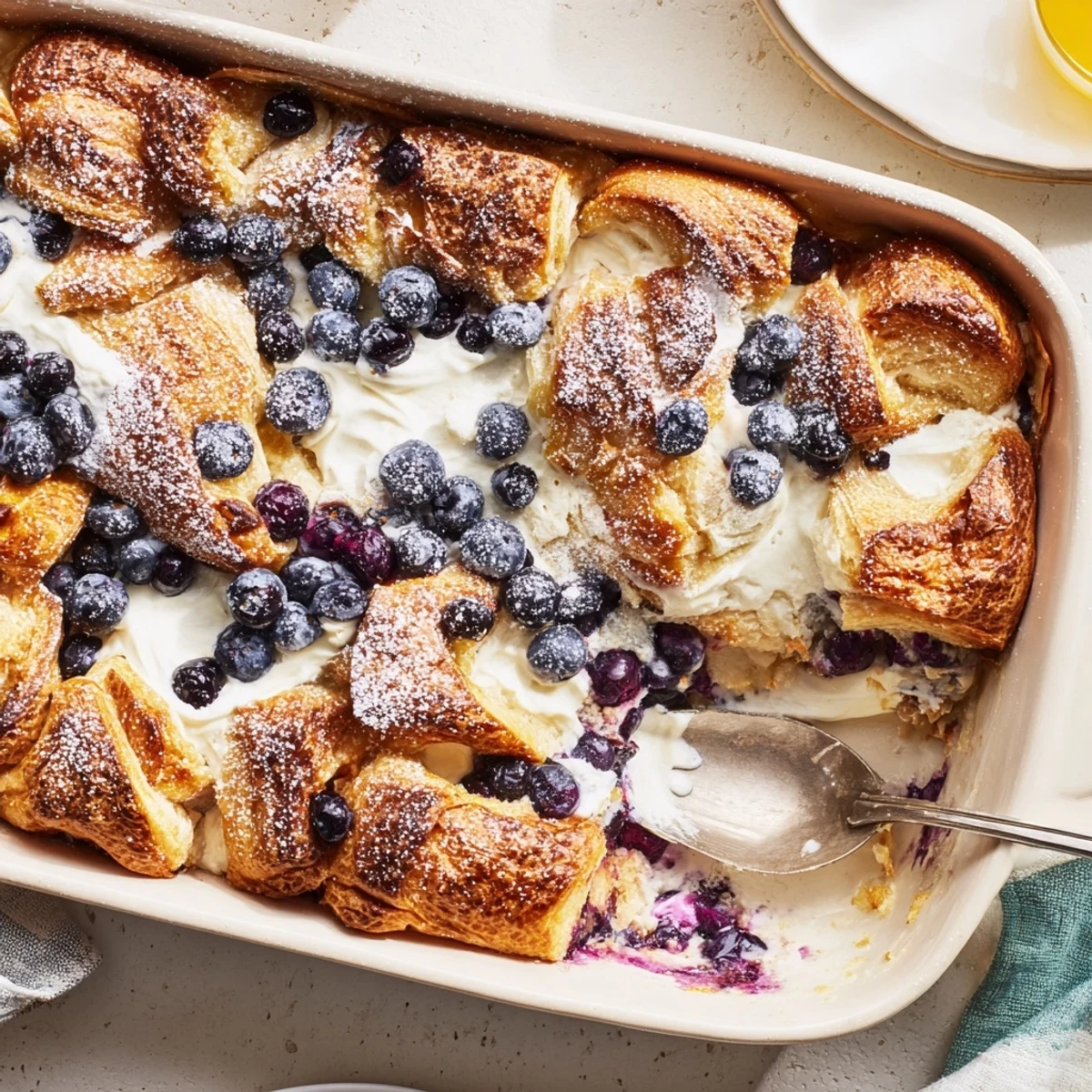Golden blueberry cream cheese croissant casserole fresh from the oven with buttery pastry layers