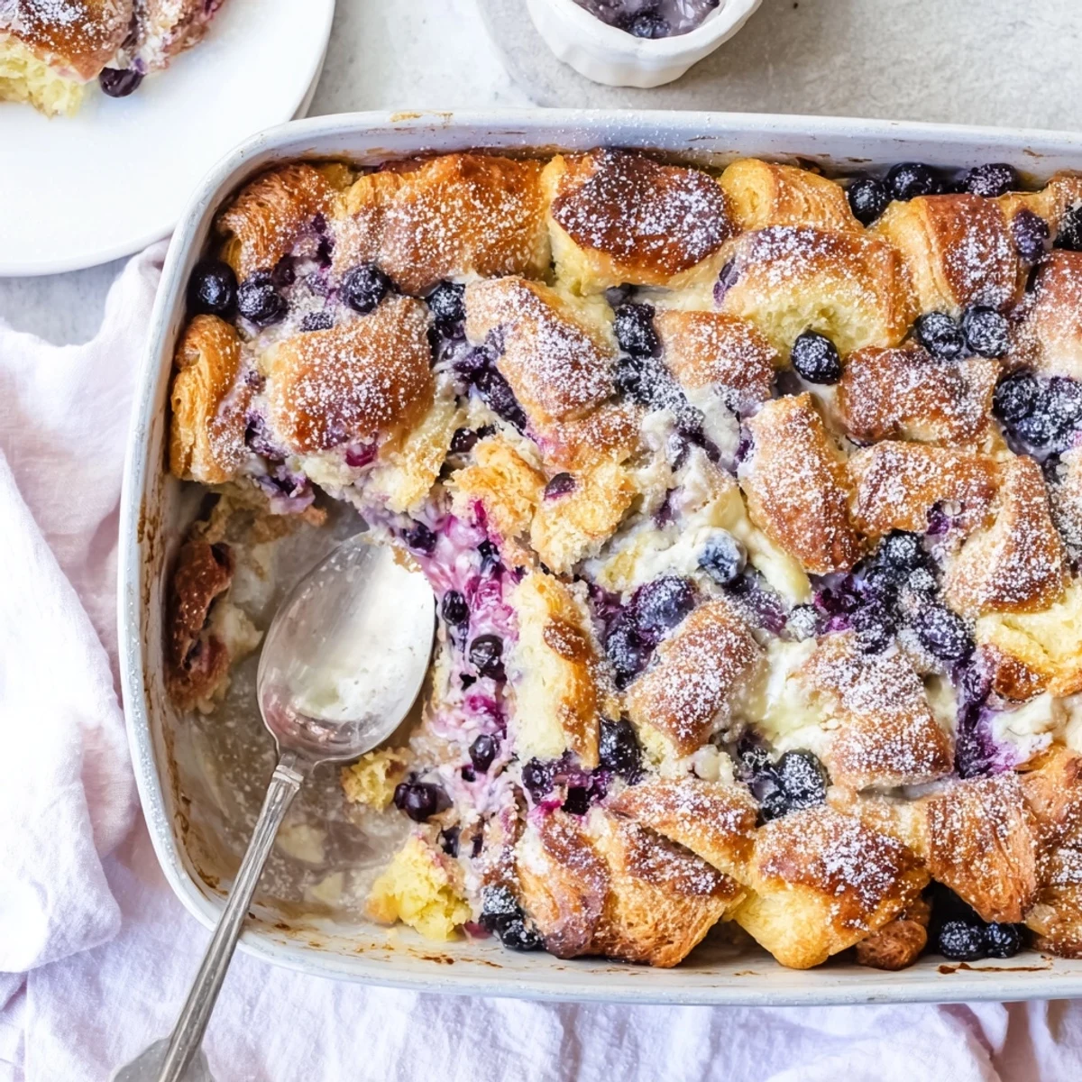 Baked breakfast casserole with flaky croissants tangy cream cheese and bursts of juicy blueberries
