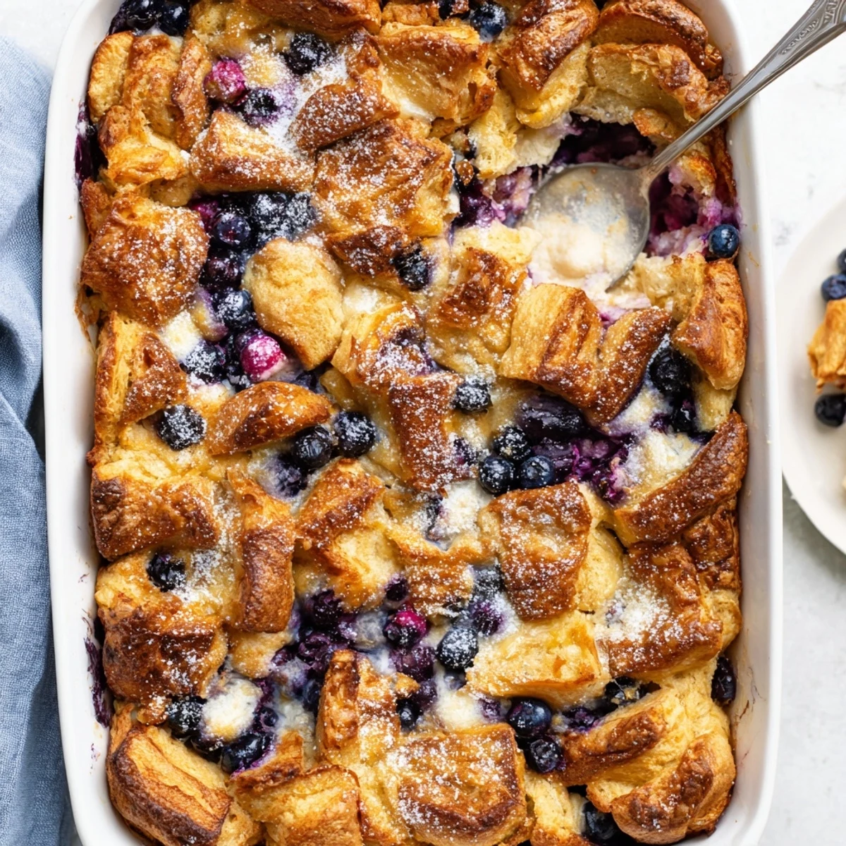 Creamy blueberry cream cheese croissant casserole dusted with powdered sugar on a white serving plate