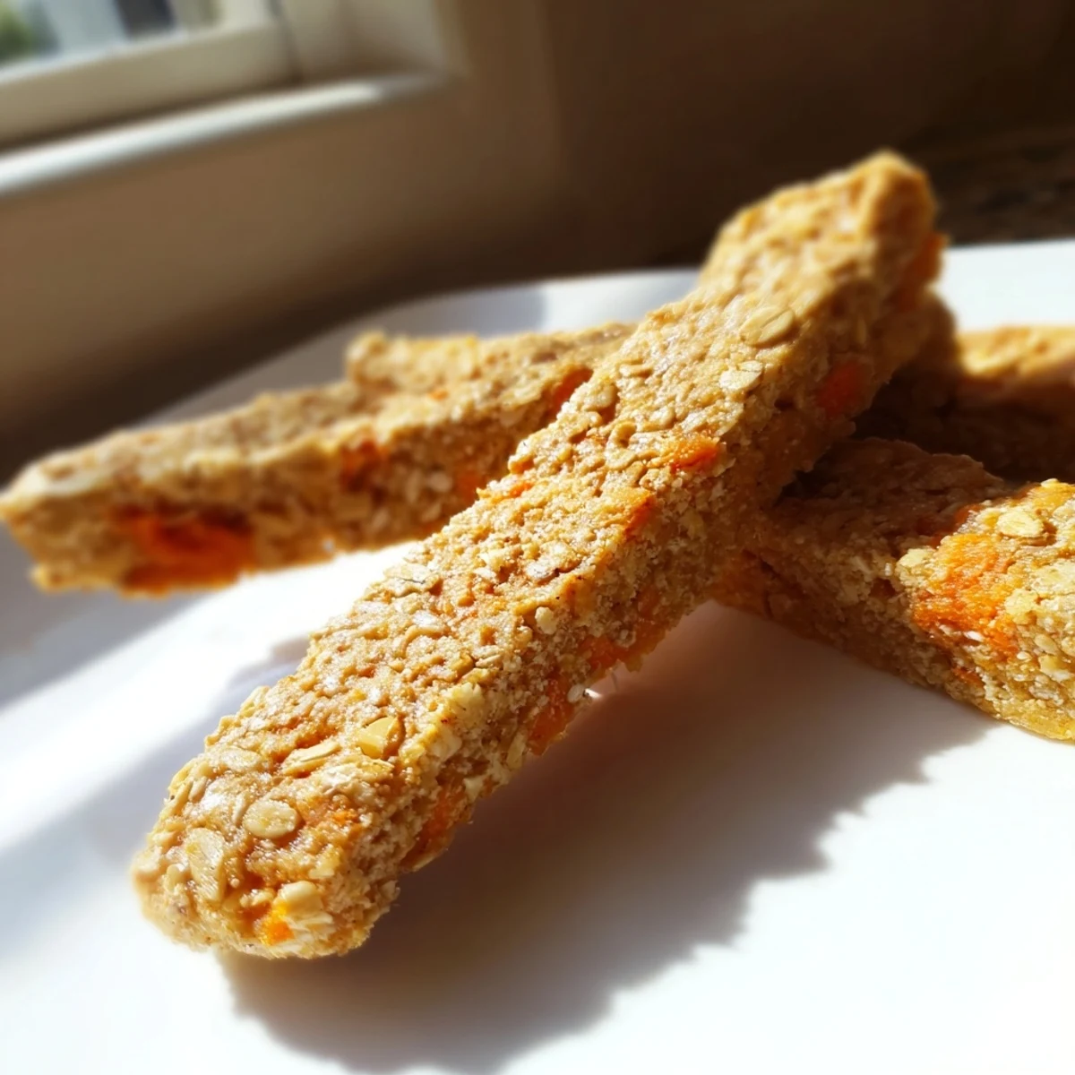 Golden baked carrot and apple dog chew sticks arranged on parchment paper for wholesome treating