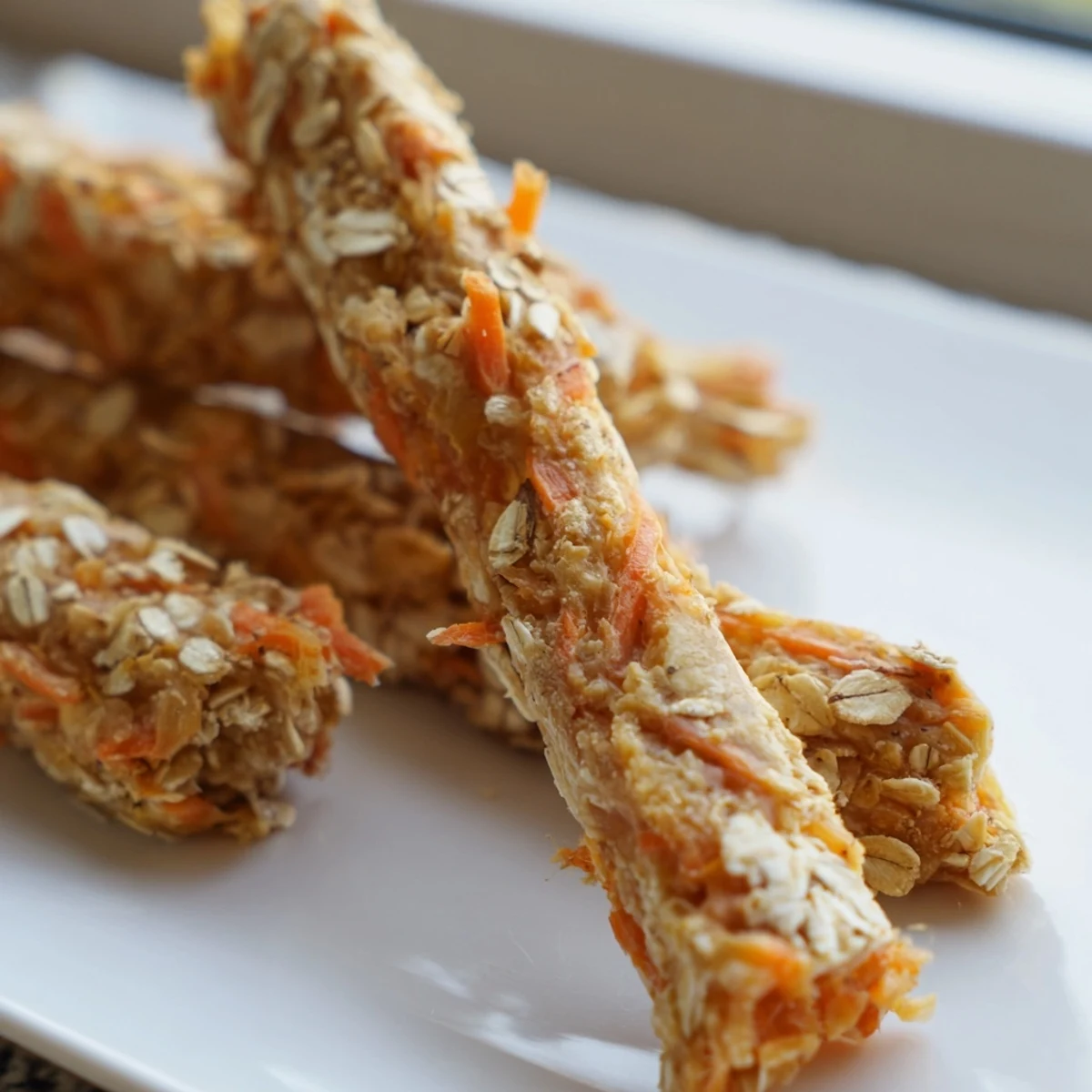 Homemade apple carrot dog chew sticks with speckled texture cooling on a baking sheet