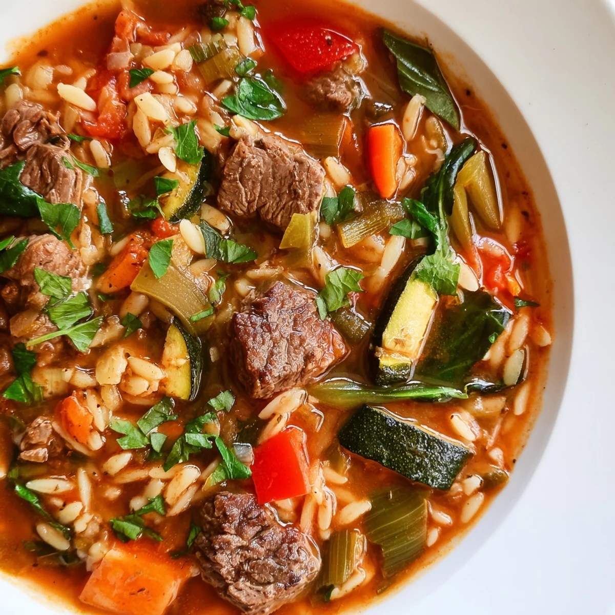 Hearty beef and orzo soup brimming with tender meat and colorful vegetables in steaming bowl