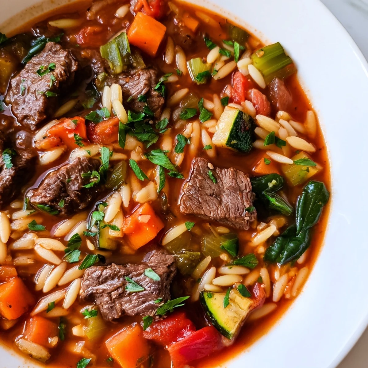 Steaming bowl of hearty beef and orzo soup garnished with fresh parsley and vegetables