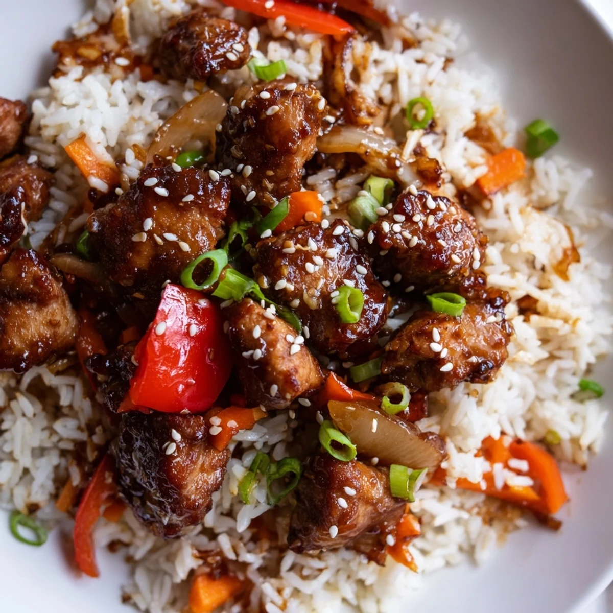 One Pan Korean BBQ Chicken and Rice served steaming in a cast iron skillet with sesame garnish