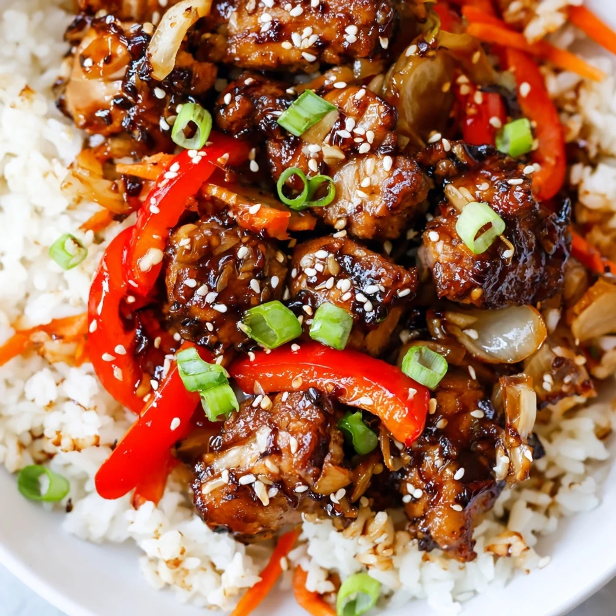 Tender glazed chicken and fluffy rice studded with colorful peppers in One Pan Korean BBQ Chicken