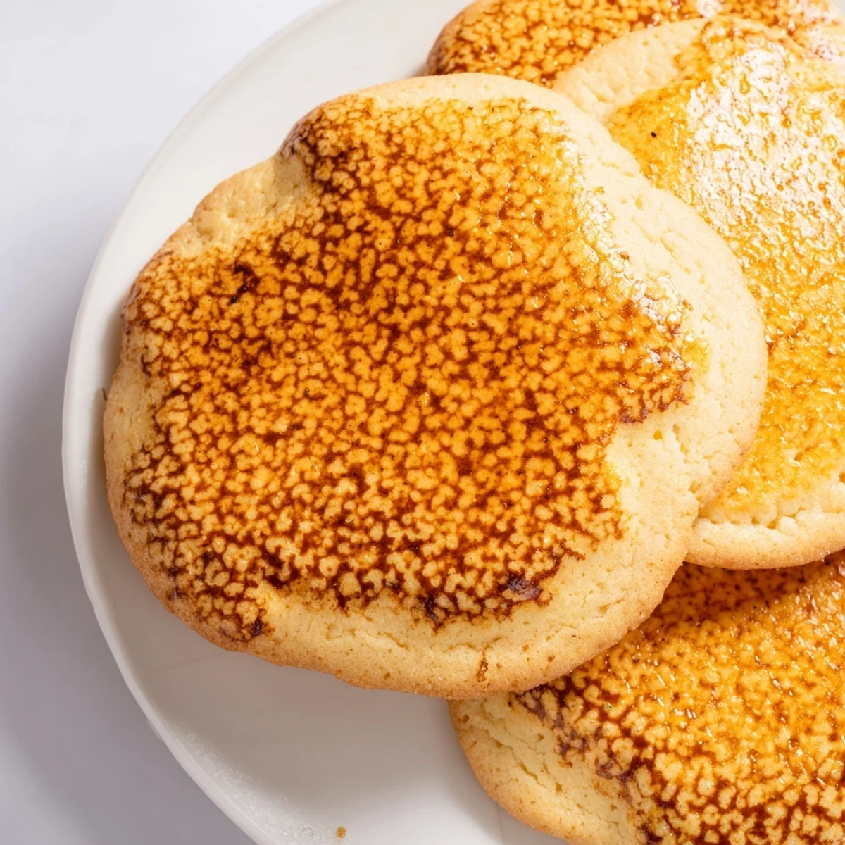 Soft baked creme brulee cookies with crackly bruleed tops and velvety cream cheese filling