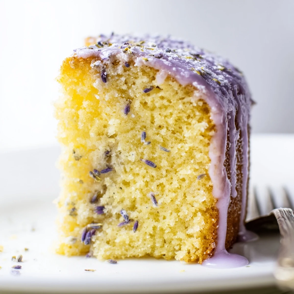 Lavender cake with lemon glaze drizzled over a tender golden crumb