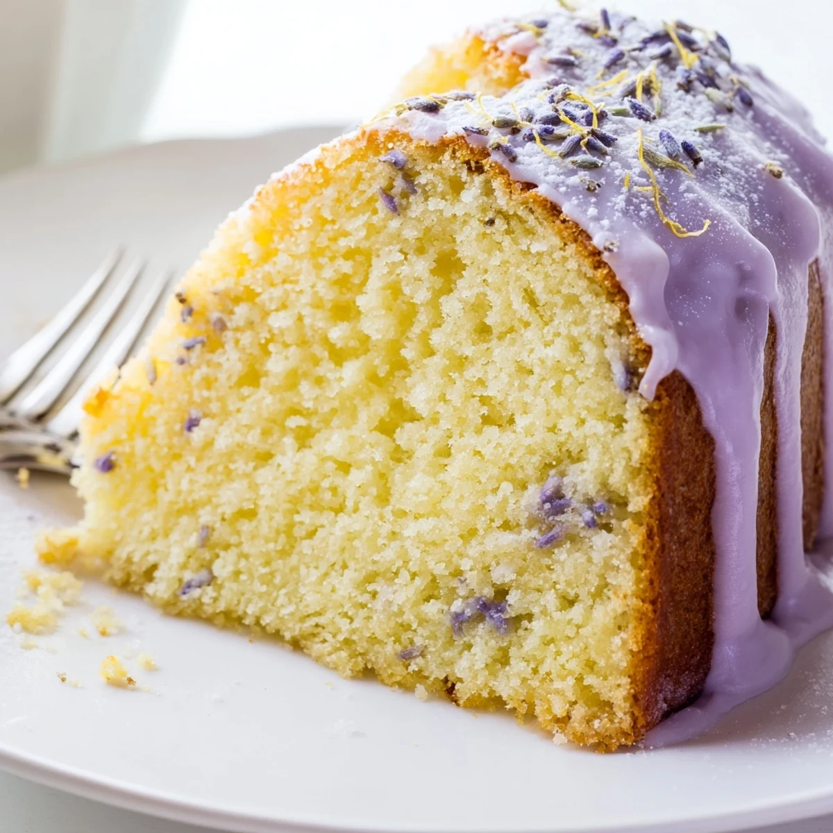 A slice of lavender cake topped with sparkling lemon icing