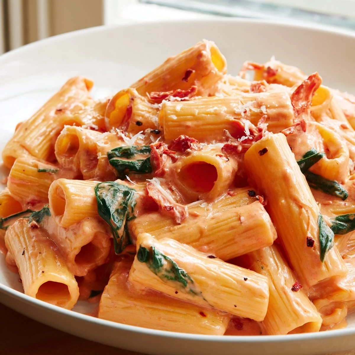Creamy sun dried tomato spinach pasta in a rustic skillet with bubbling velvety sauce