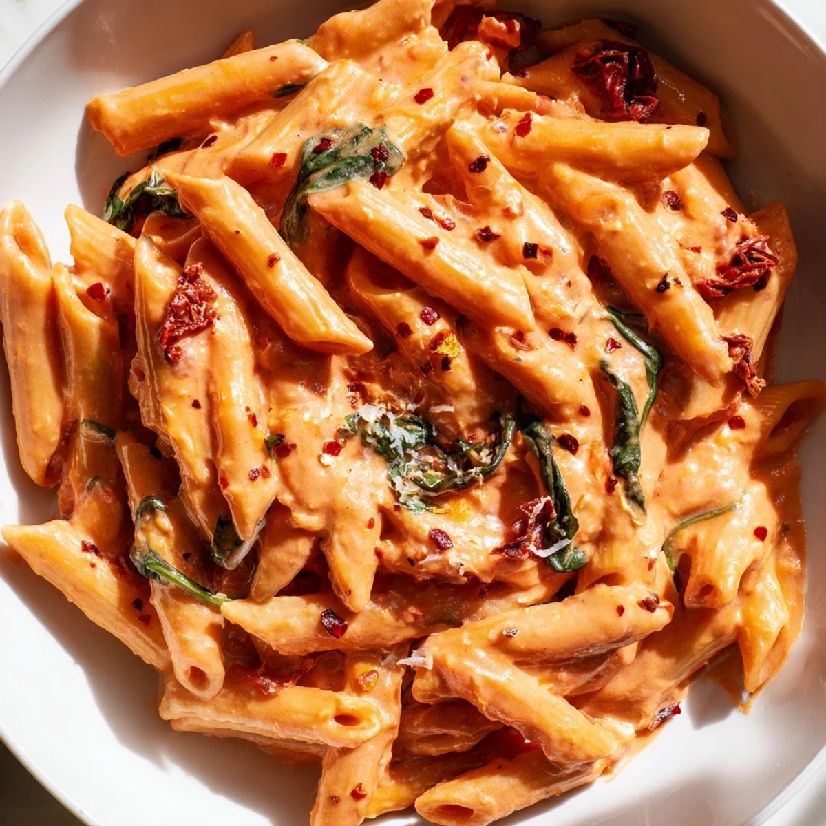 One Pan Creamy Sun Dried Tomato Spinach Pasta