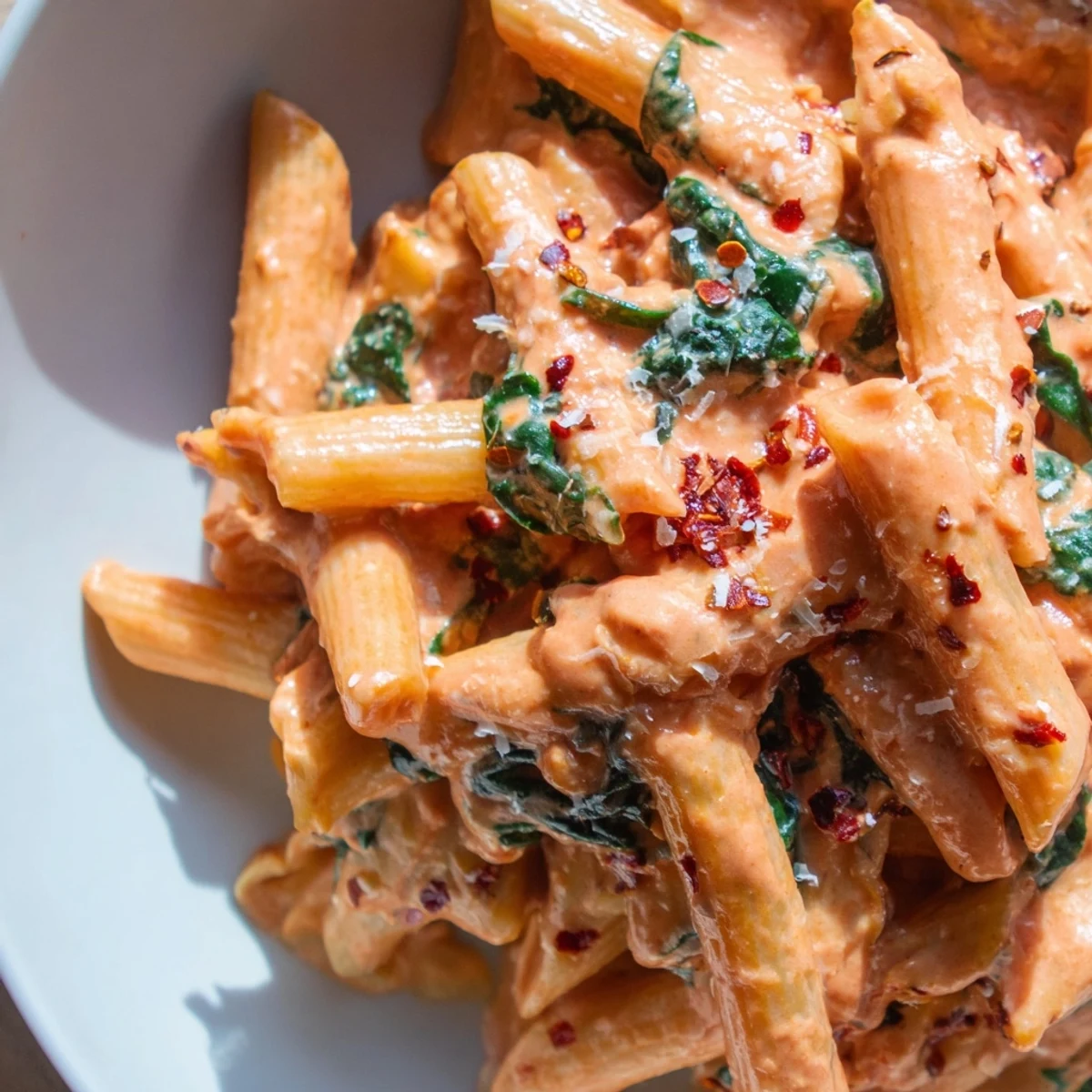 One pan creamy sun dried tomato spinach pasta topped with freshly grated Parmesan cheese