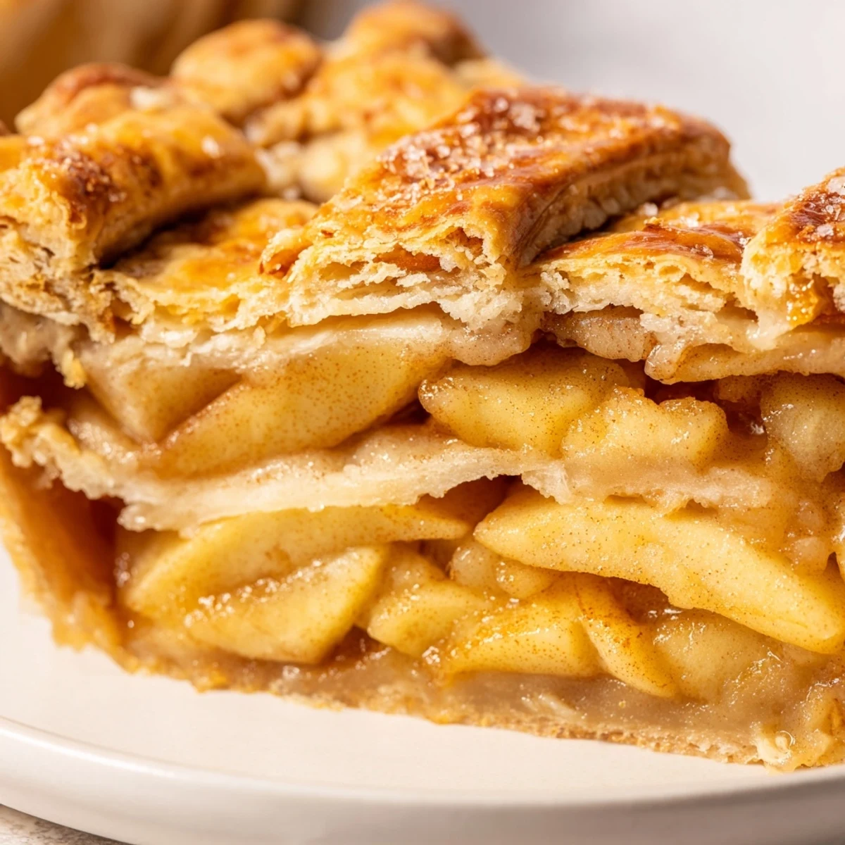 Golden homemade apple pie with cinnamon spiced filling served on a rustic ceramic plate