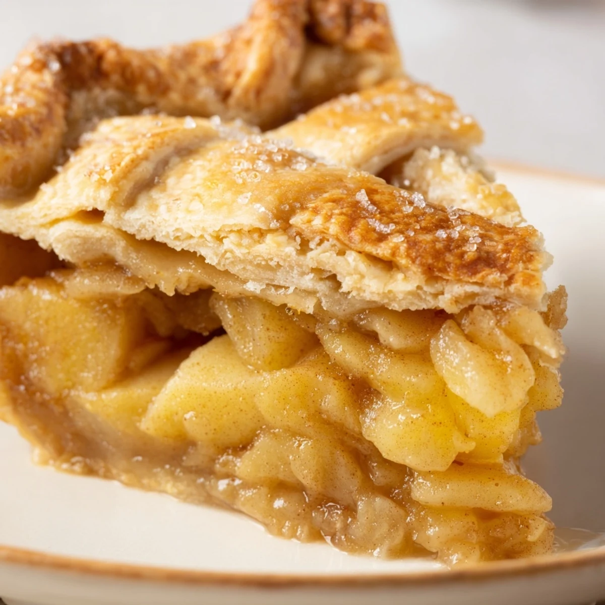 Warm apple pie slice revealing tender cinnamon apples in a flaky golden butter crust