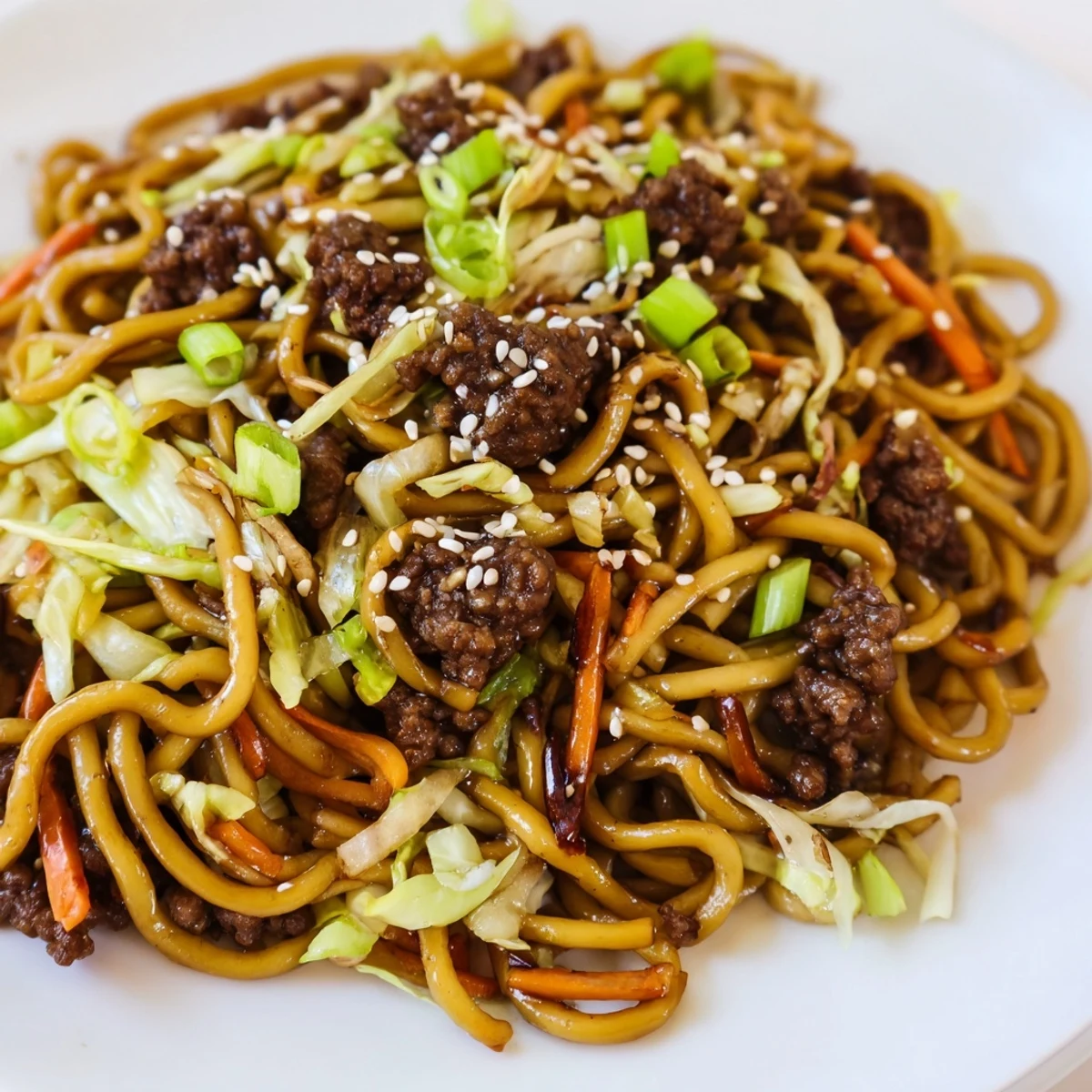 Asian ground beef noodles tossed with colorful crisp vegetables in glossy savory sauce