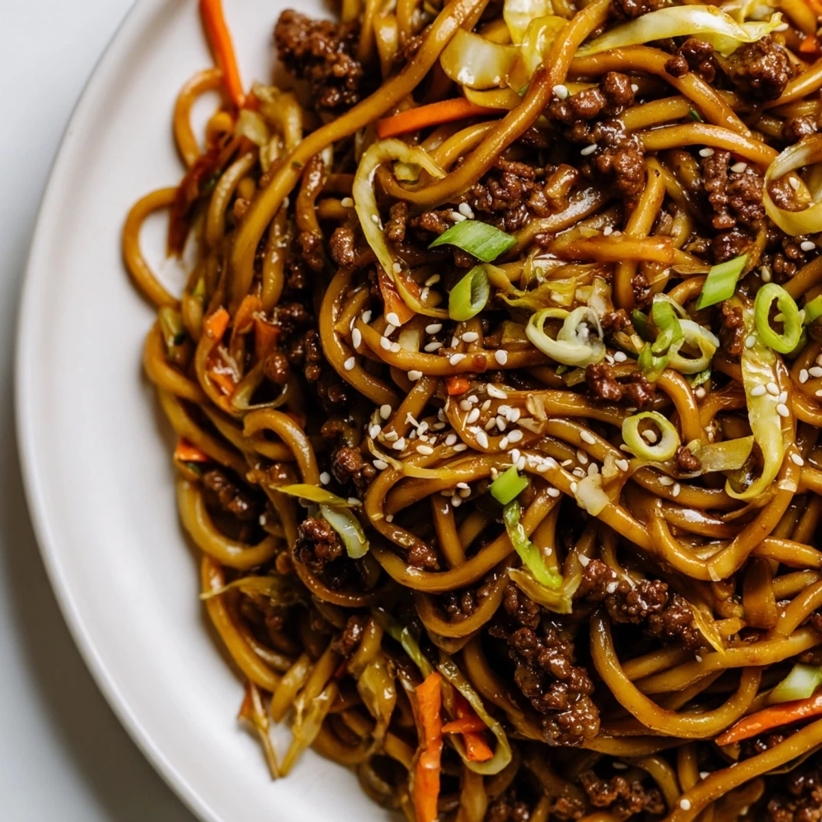 Steaming plate of Asian ground beef noodles topped with sesame seeds and scallions