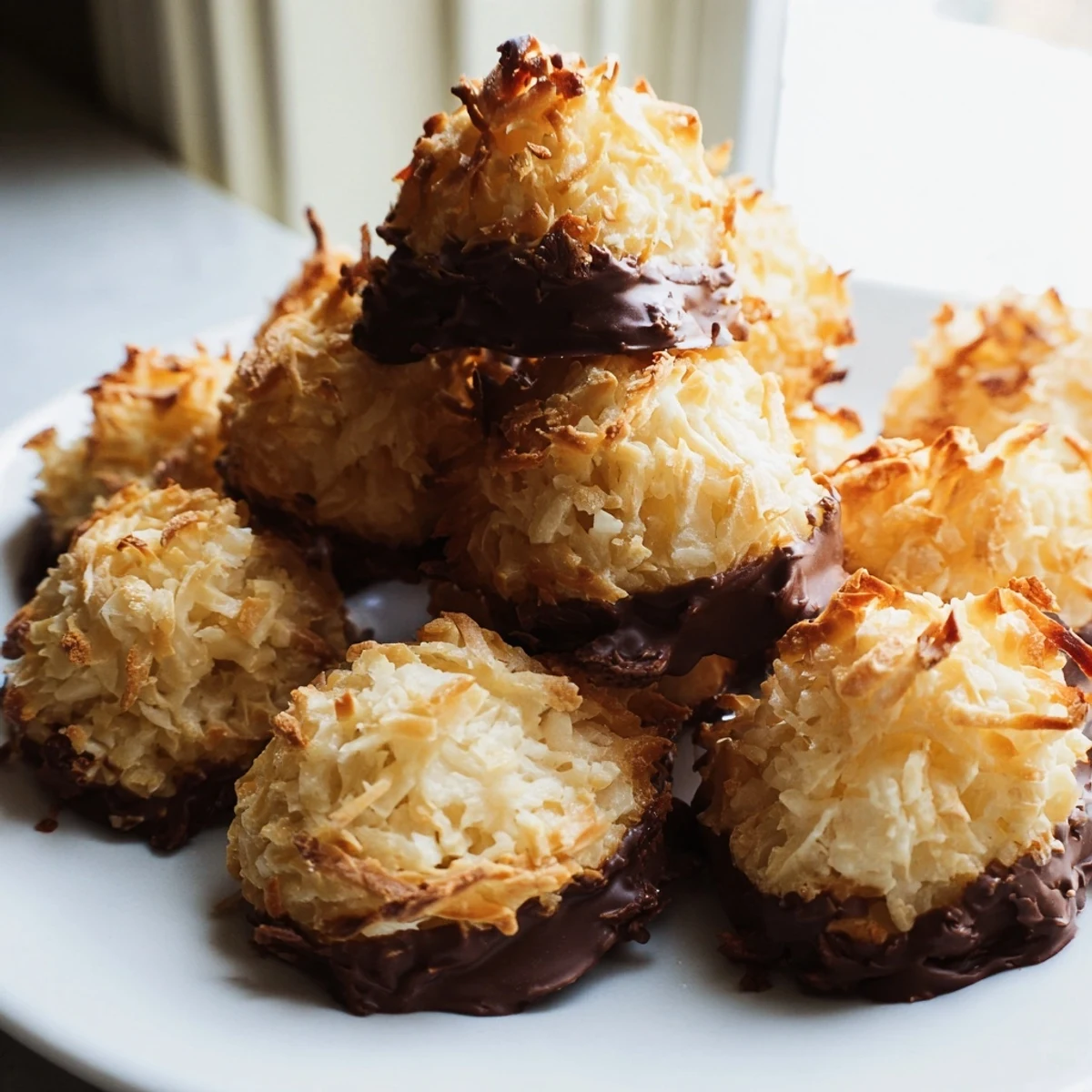 Golden chewy coconut macaroons with crispy edges piled on a white serving plate