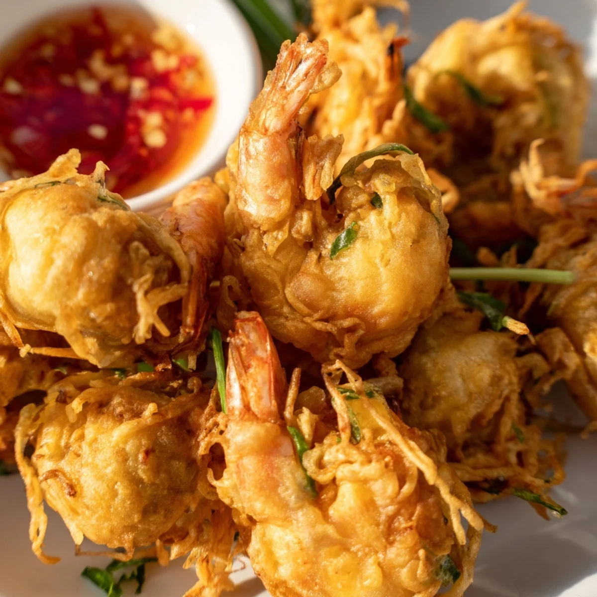 Crispy golden Ukoy Filipino shrimp fritters topped with whole shrimp and served hot