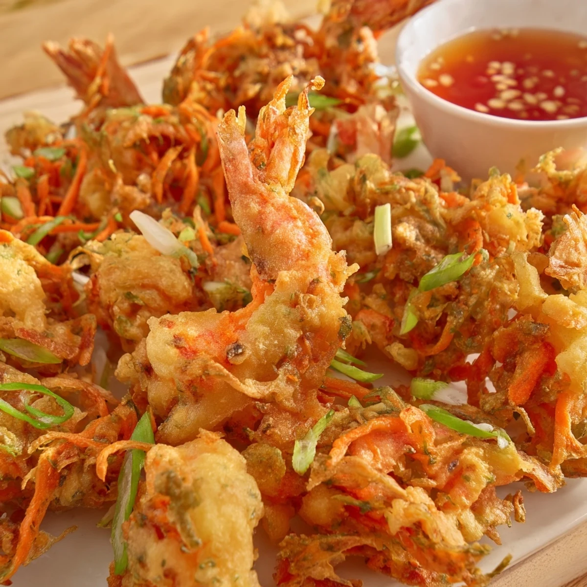 Ukoy Filipino shrimp fritters arranged on a plate with vinegar garlic dipping sauce