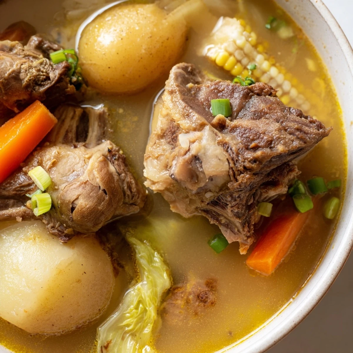 Steaming bowl of Filipino Bulalo with tender beef shank and vegetables in clear golden broth