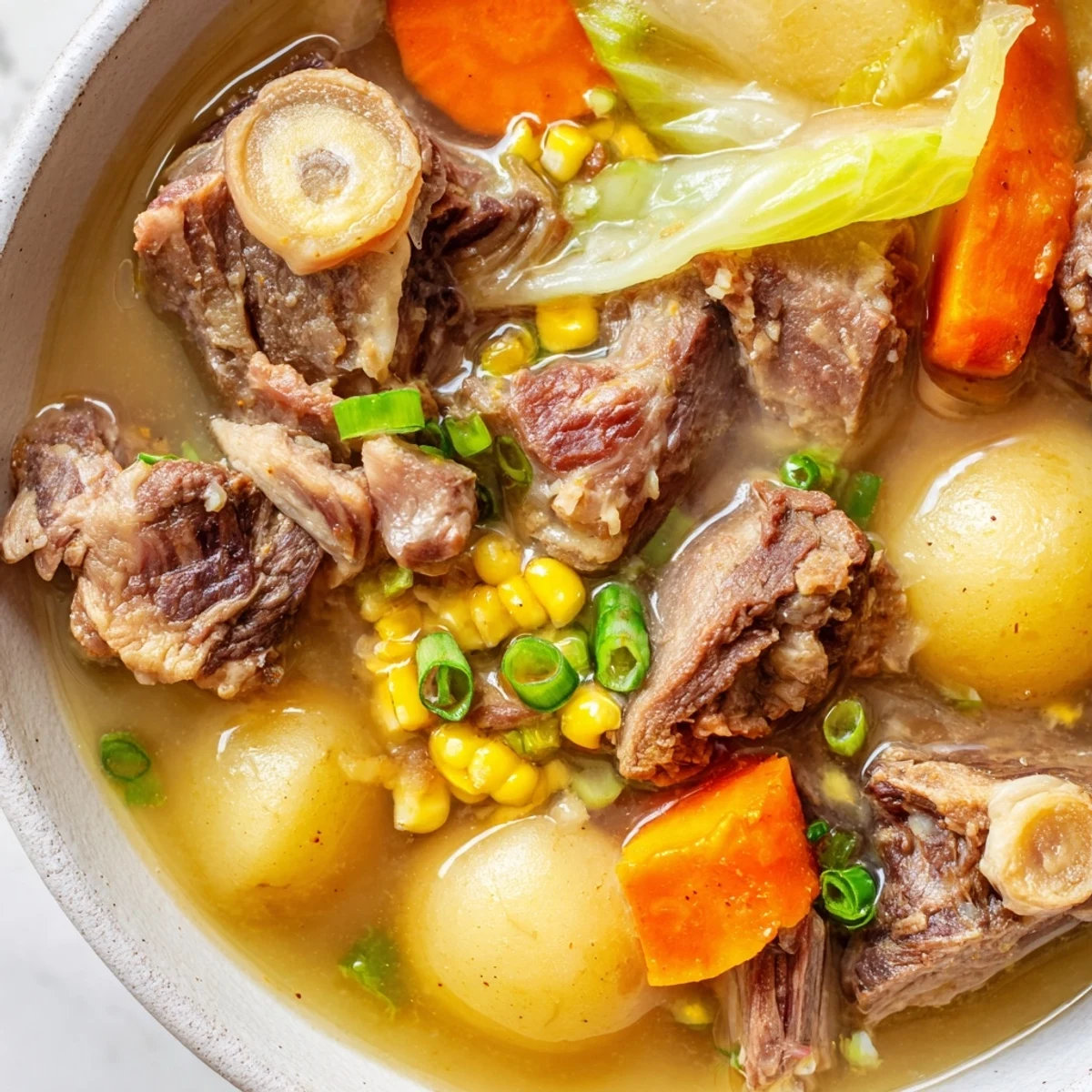 Filipino Bulalo beef shank soup served with corn cabbage and rich bone marrow