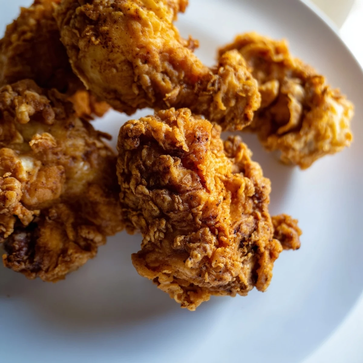 Golden crispy fried chicken pieces with crunchy coating and juicy meat inside