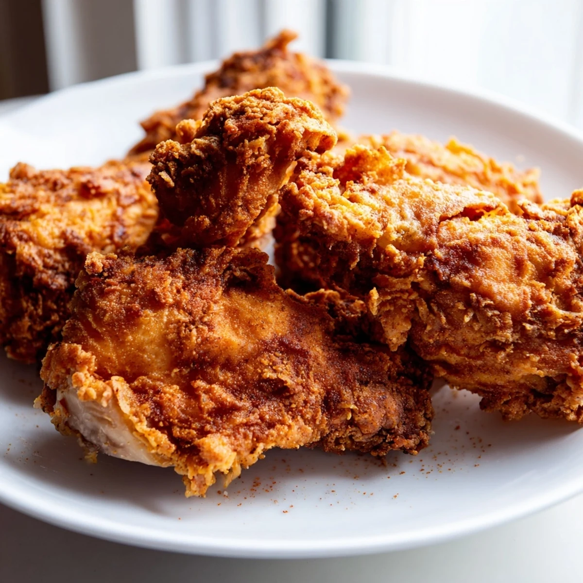 Crispy fried chicken served on a rustic plate with herb garnish