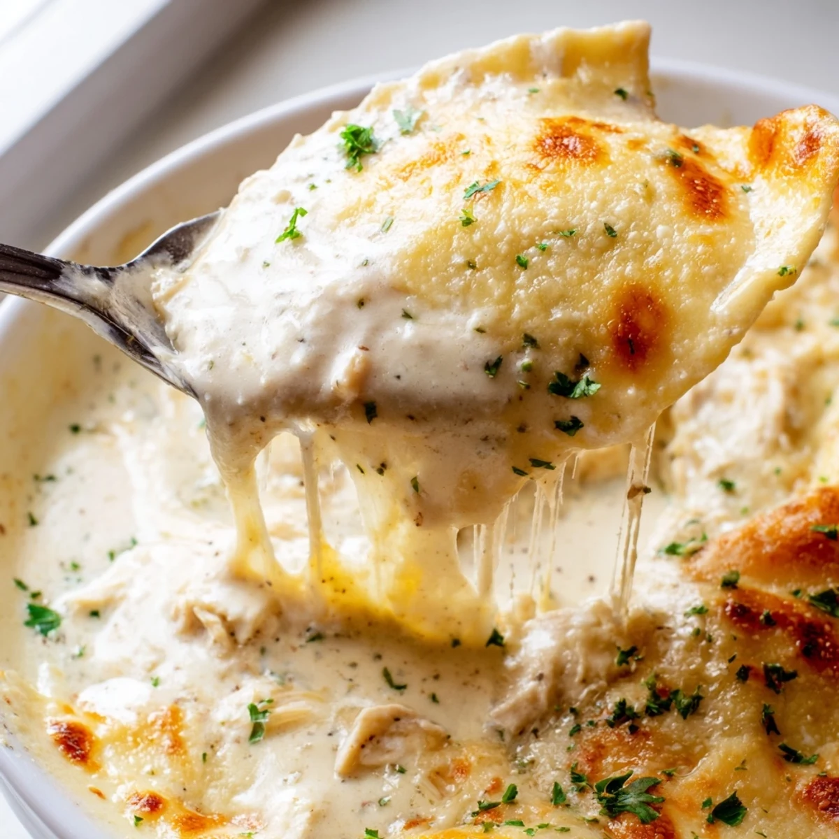 Golden bubbling chicken Alfredo baked ravioli with melted mozzarella in a cozy casserole dish