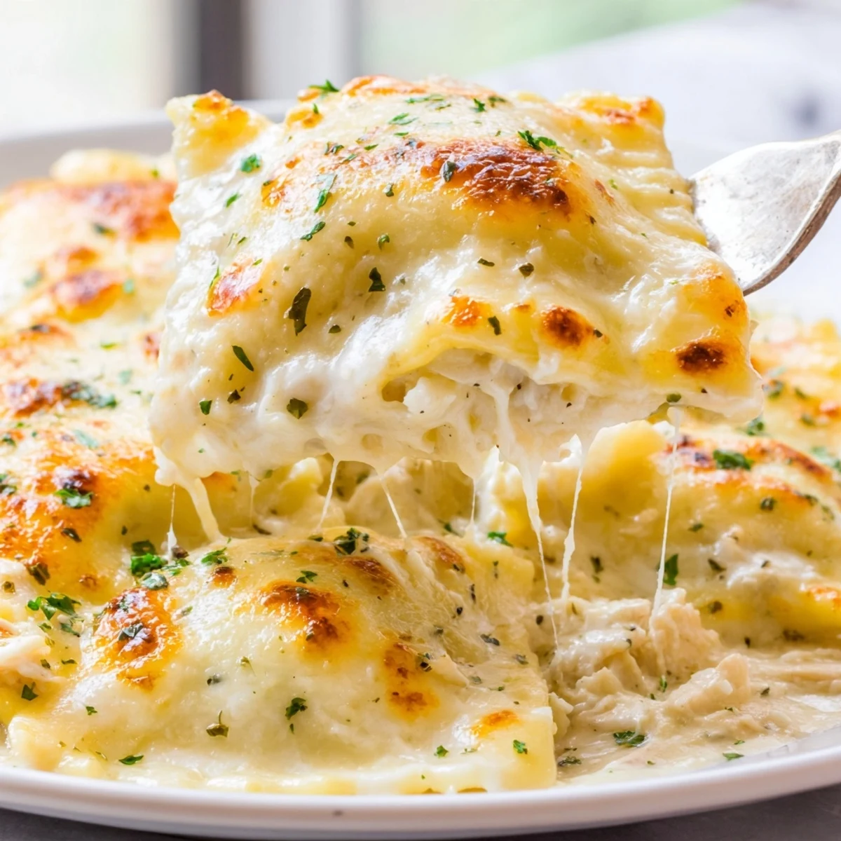 Creamy chicken Alfredo baked ravioli topped with Parmesan and fresh parsley on a white plate