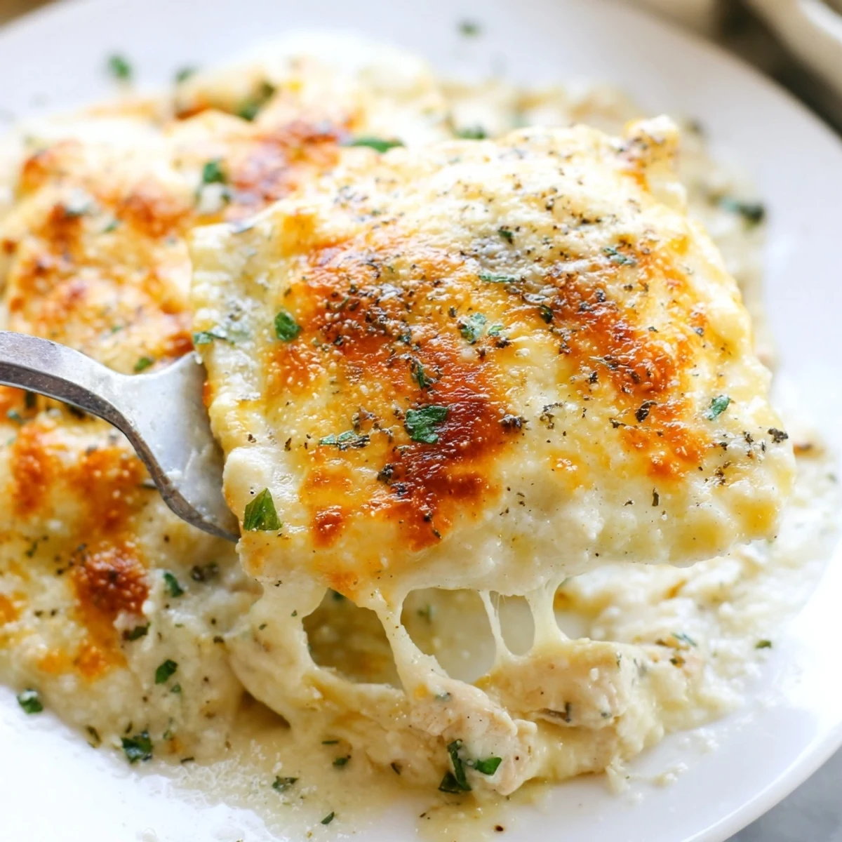 Steaming scoop of chicken Alfredo baked ravioli with gooey cheese stretching from a serving spoon