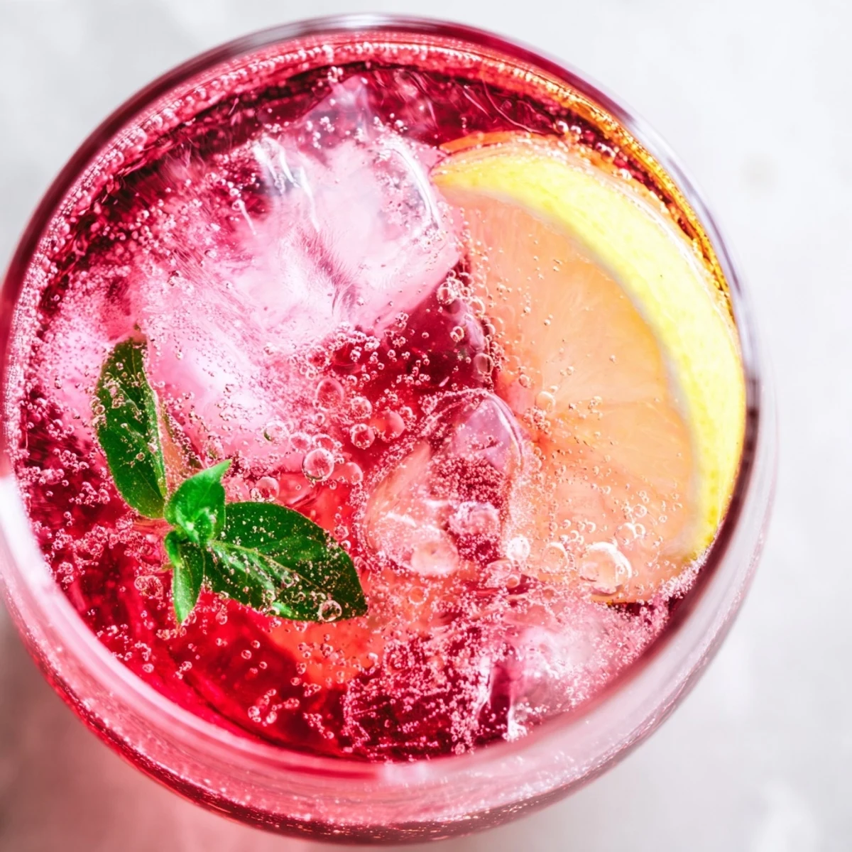 Bubbly honey lemon pink soda poured over ice with fresh mint garnish