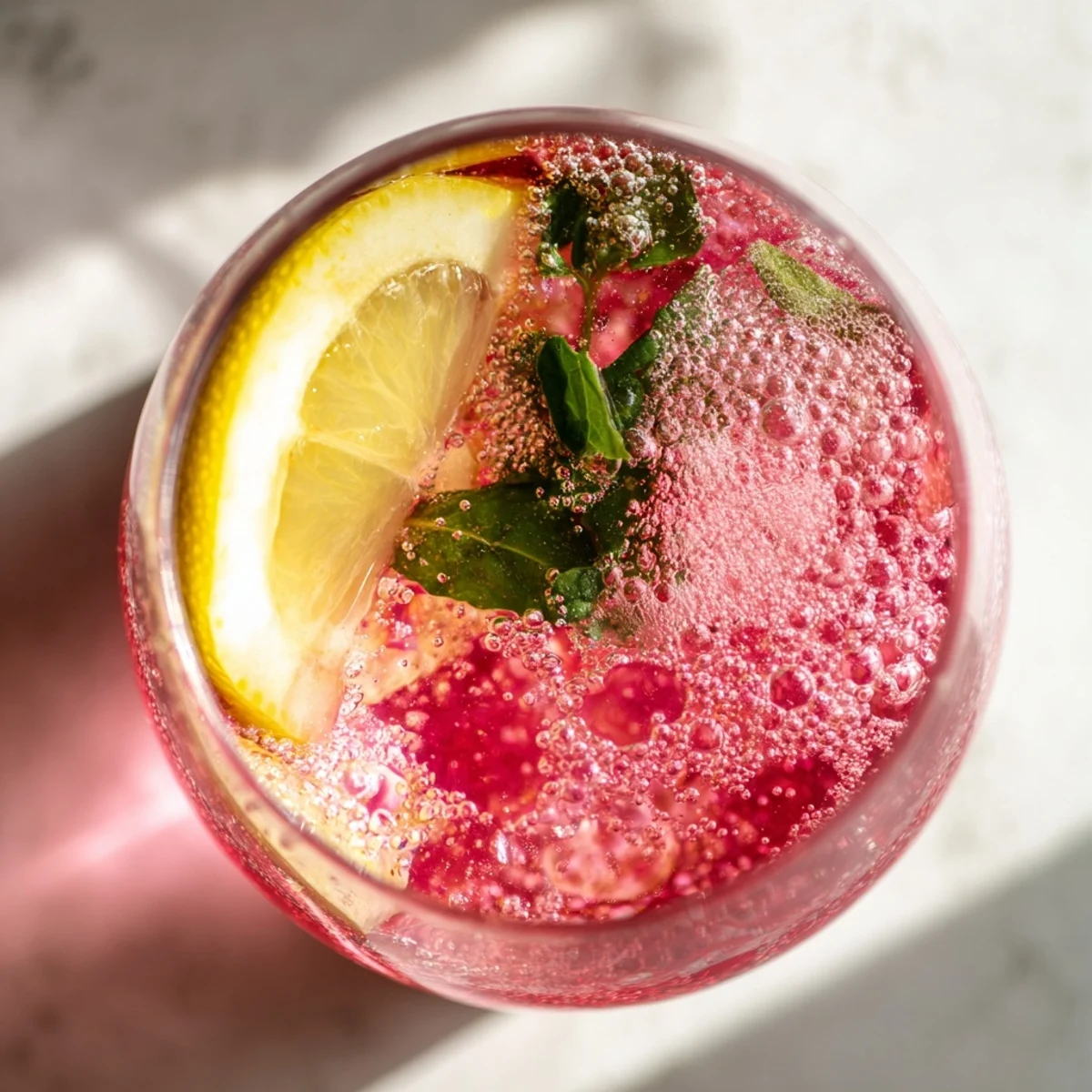 Sparkling pink honey lemon soda in a chilled glass on a sunny patio