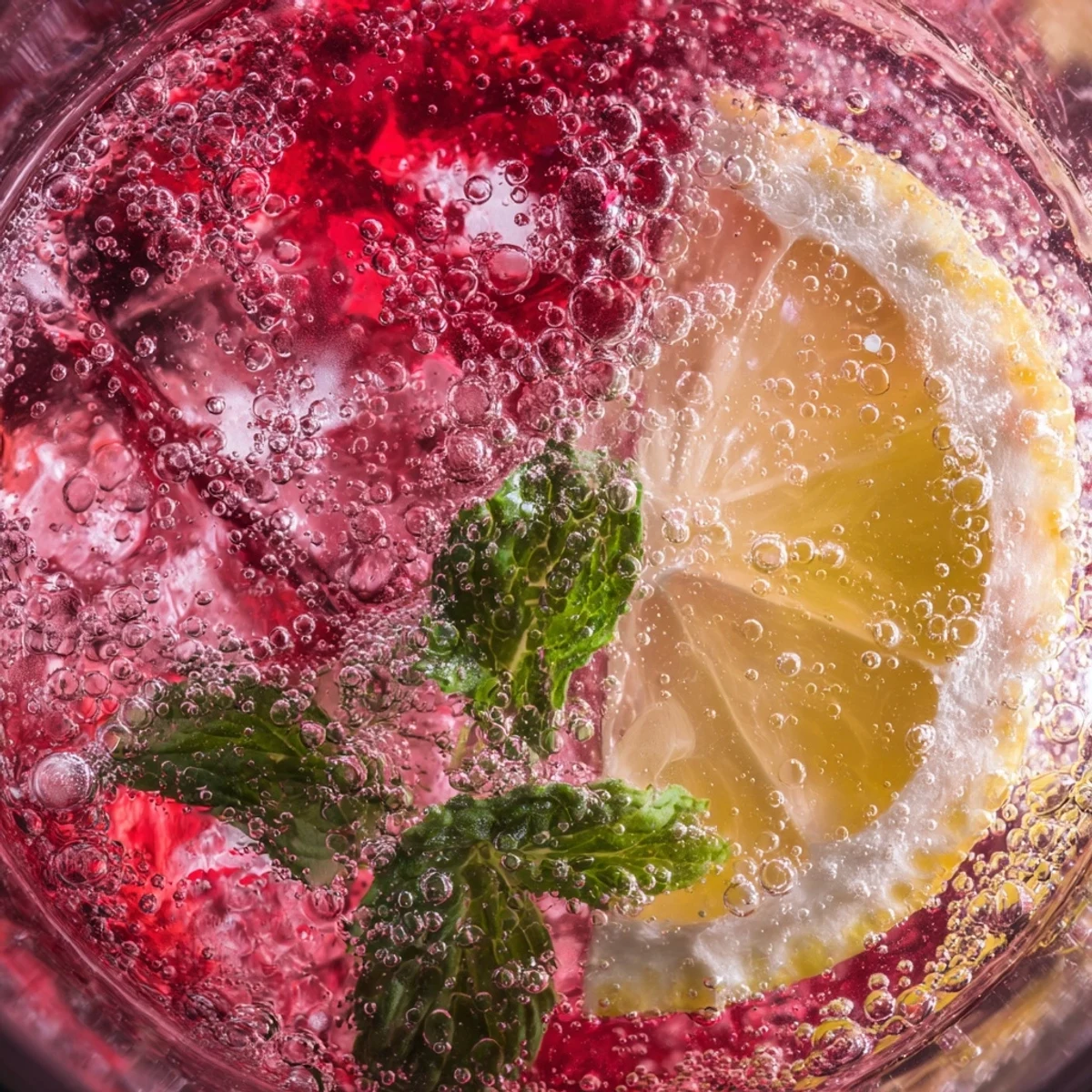 Tall glass of honey lemon pink soda garnished with lemon slices and mint