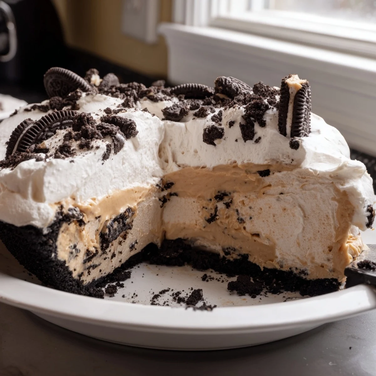 Golden Oreo crust cradles silky smooth peanut butter filling crowned with fluffy whipped topping