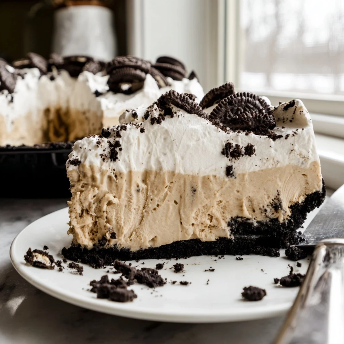 Chilled peanut butter Oreo pie gleaming under a cloud of cream with scattered chocolate crumbs