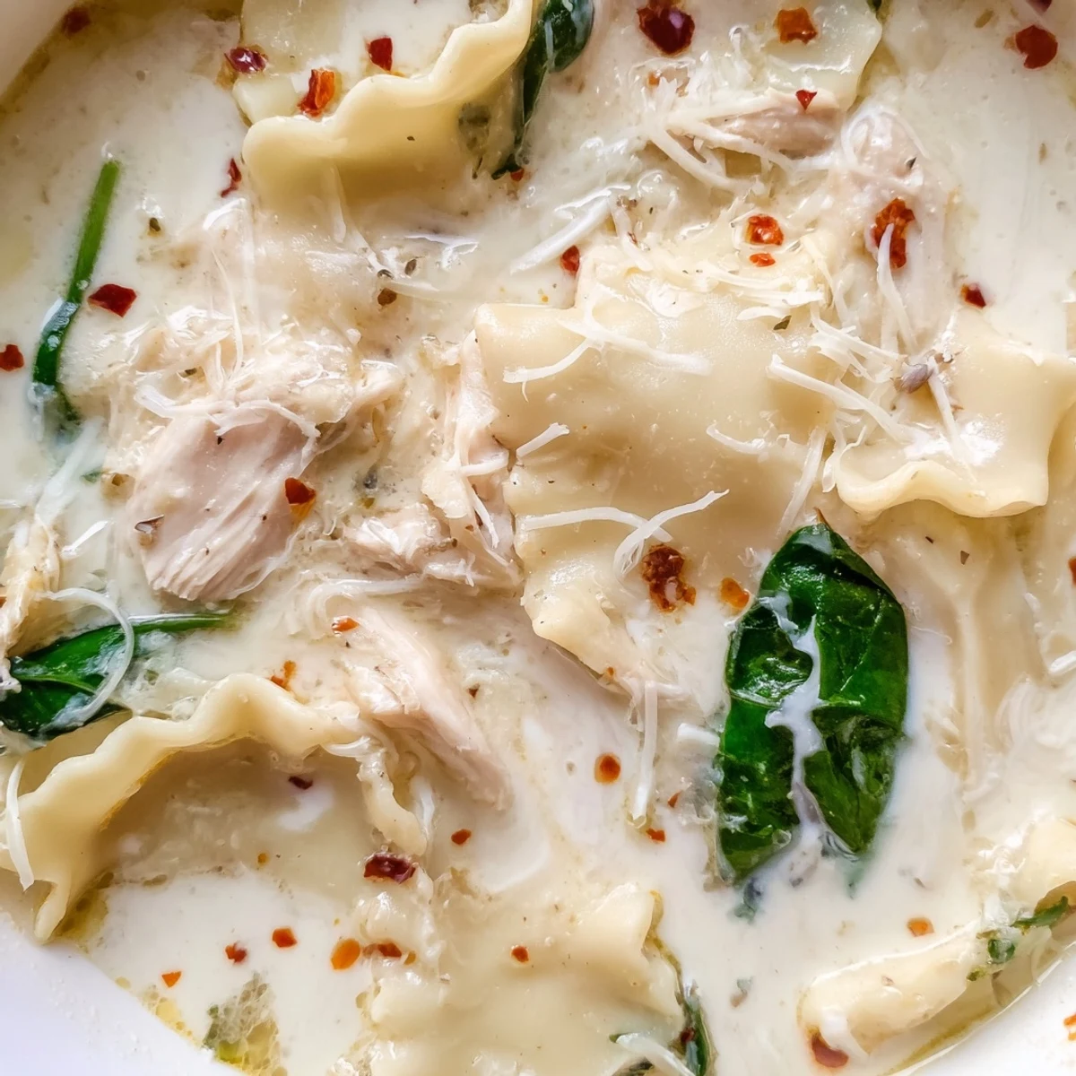 Creamy white lasagna soup in a bowl topped with melted mozzarella and fresh herbs
